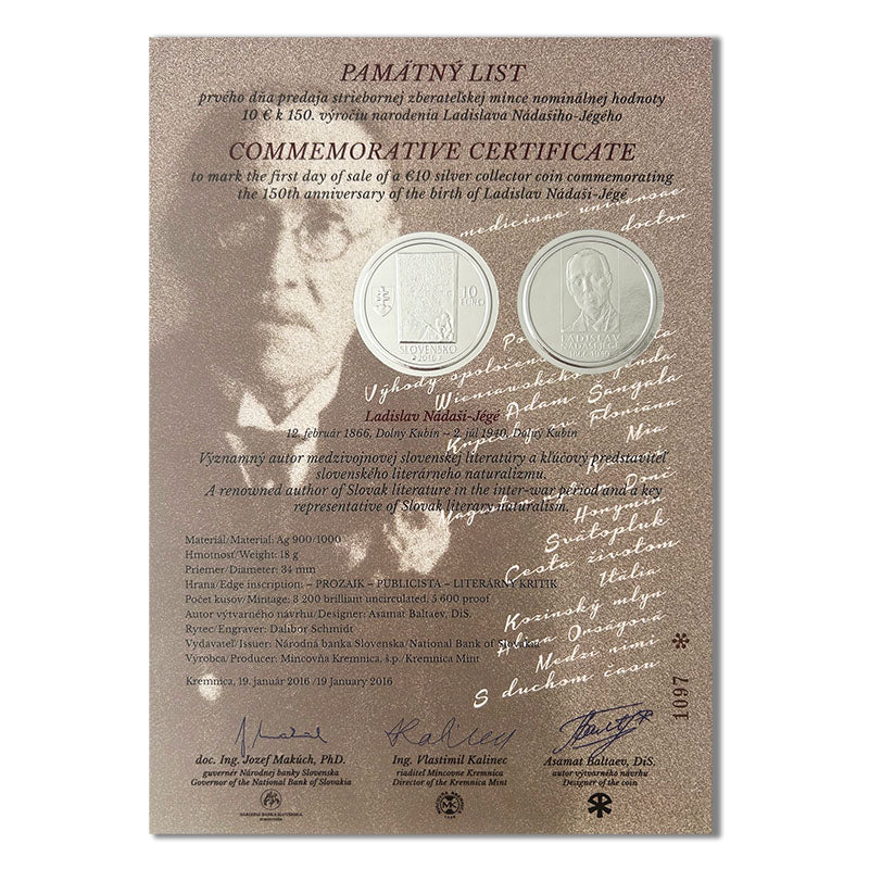 Pamätný list 10 EURO/2016 - Ladislav Nádaši-Jégé - 150. výročie narodenia